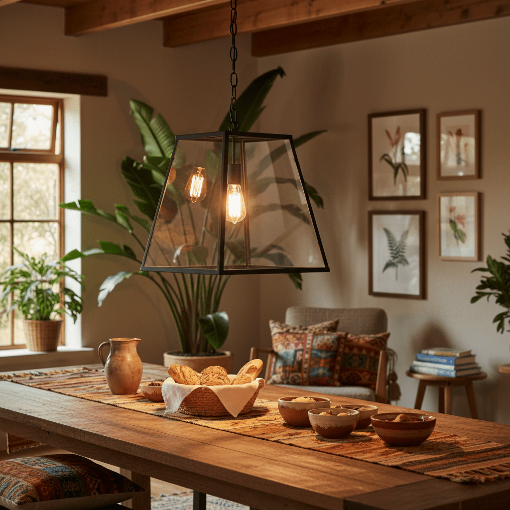 Large rustic rectangular lantern pendant light hanging over a wooden dining table with food and plants in a cozy setting.