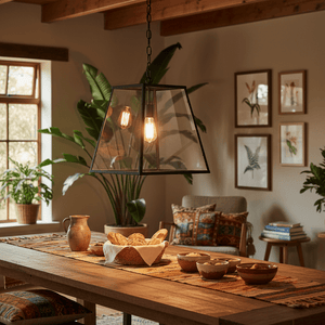 Large rustic rectangular lantern pendant light hanging over a wooden dining table with food and plants in a cozy setting.