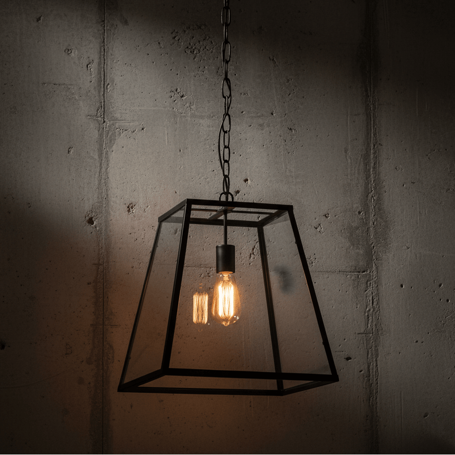 Large rustic rectangular lantern pendant light with clear glass and black metal frame, hanging against a textured concrete