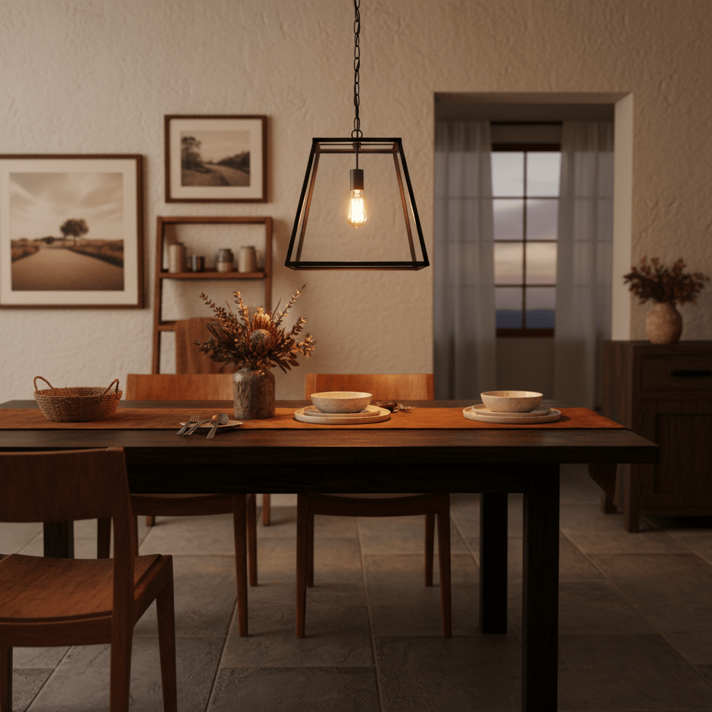 Large rustic rectangular lantern pendant light hanging above a wooden dining table set with plates and a vase.