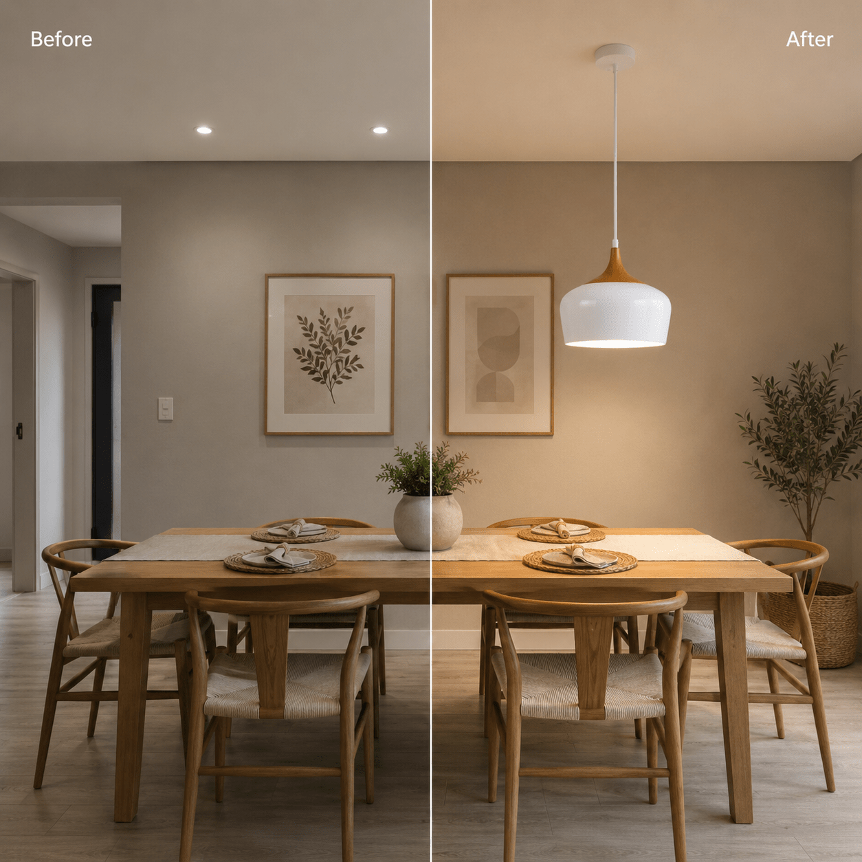 Before and after comparison of a dining area featuring a Scandinavian pendant light.