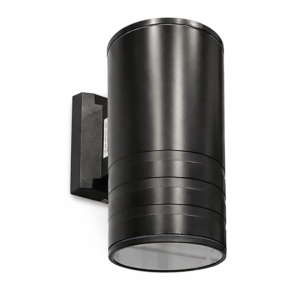 Black outdoor wall light fixture on a white background