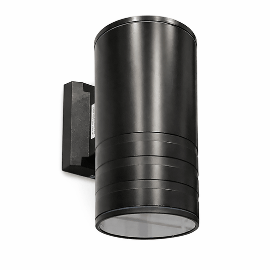 Black outdoor wall light fixture on a white background