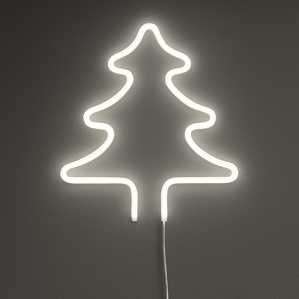 Cool White LED Neon Strip shaped as a Christmas tree on a dark wall, showcasing flexibility and design.