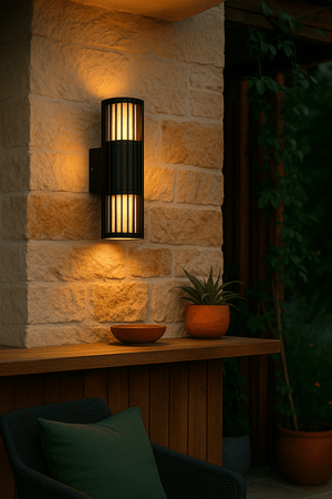 Outdoor wall light fixture on a stone wall with a wooden shelf and plants in the foreground.