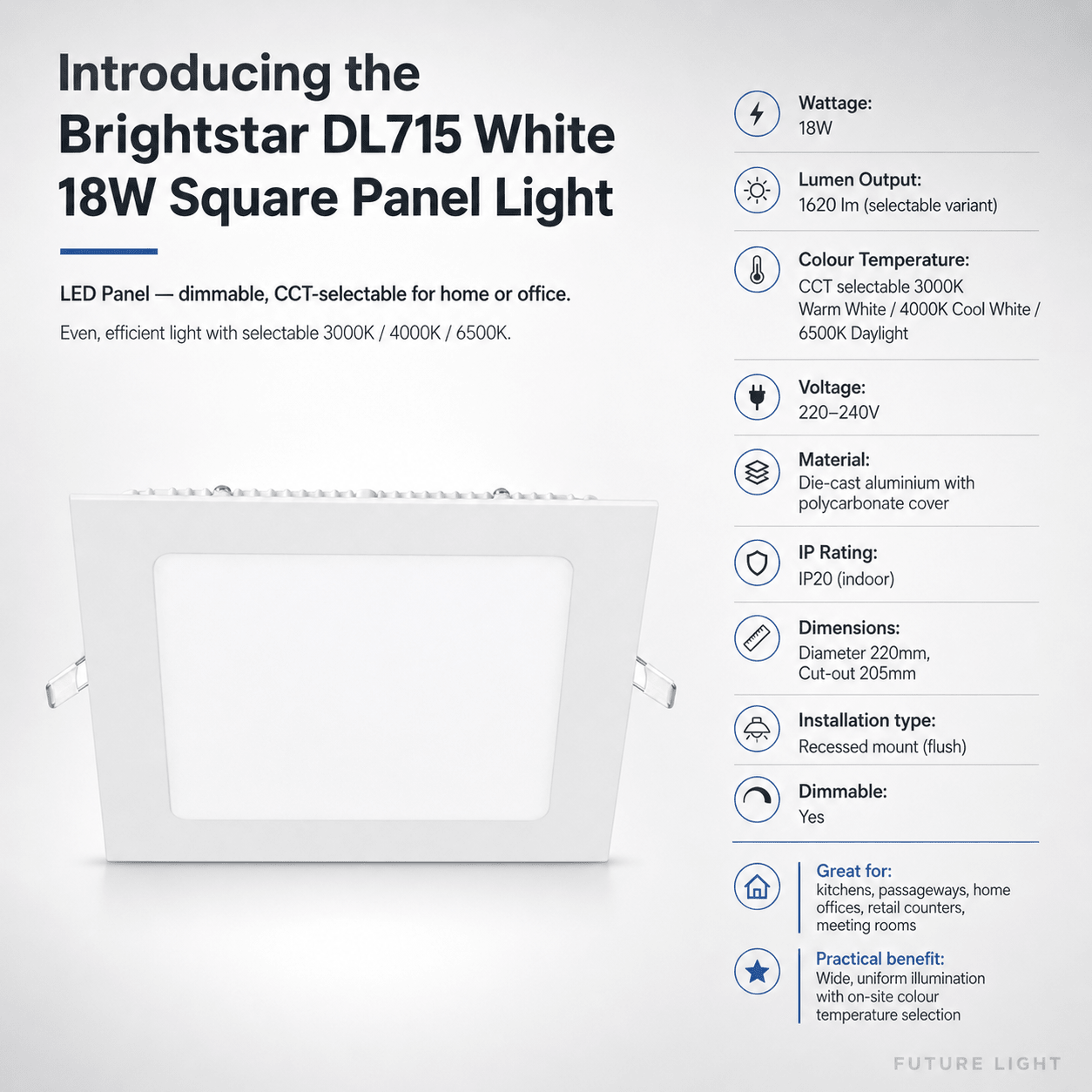 18W Square Panel Light - Dimmable & CCT Selectable