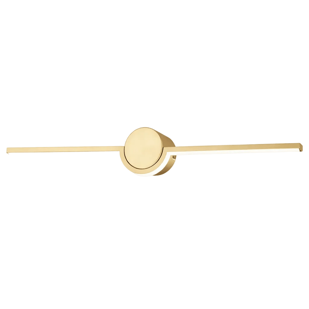 Gold slim LED linear light with a circular base and two elongated arms, featuring a polished finish.