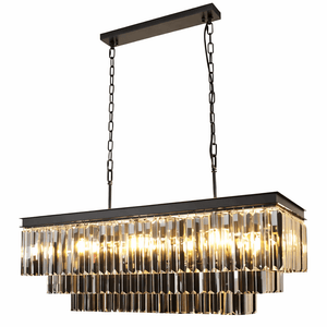Modern rectangular chandelier with crystal accents on a white background