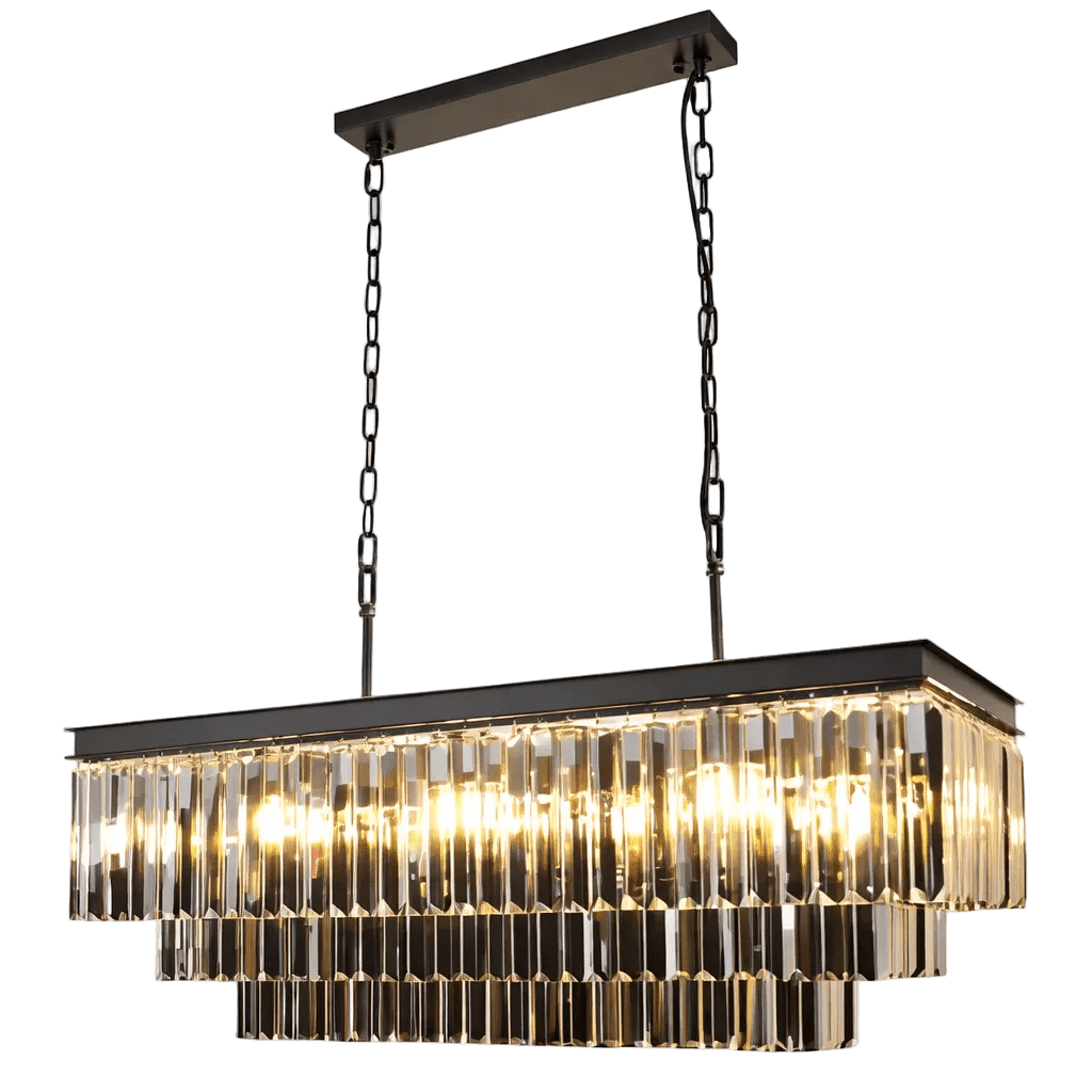 Smoke crystal rectangular chandelier with a black metal frame and chain, featuring multiple illuminated crystal prisms.
