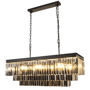 Smoke crystal rectangular chandelier with a black metal frame and chain, featuring multiple illuminated crystal prisms.