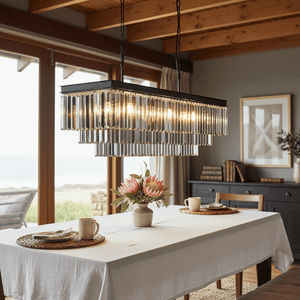 Smoke Crystal Rectangular Chandelier hanging above a dining table, illuminating a stylish interior with floral centerpiece.