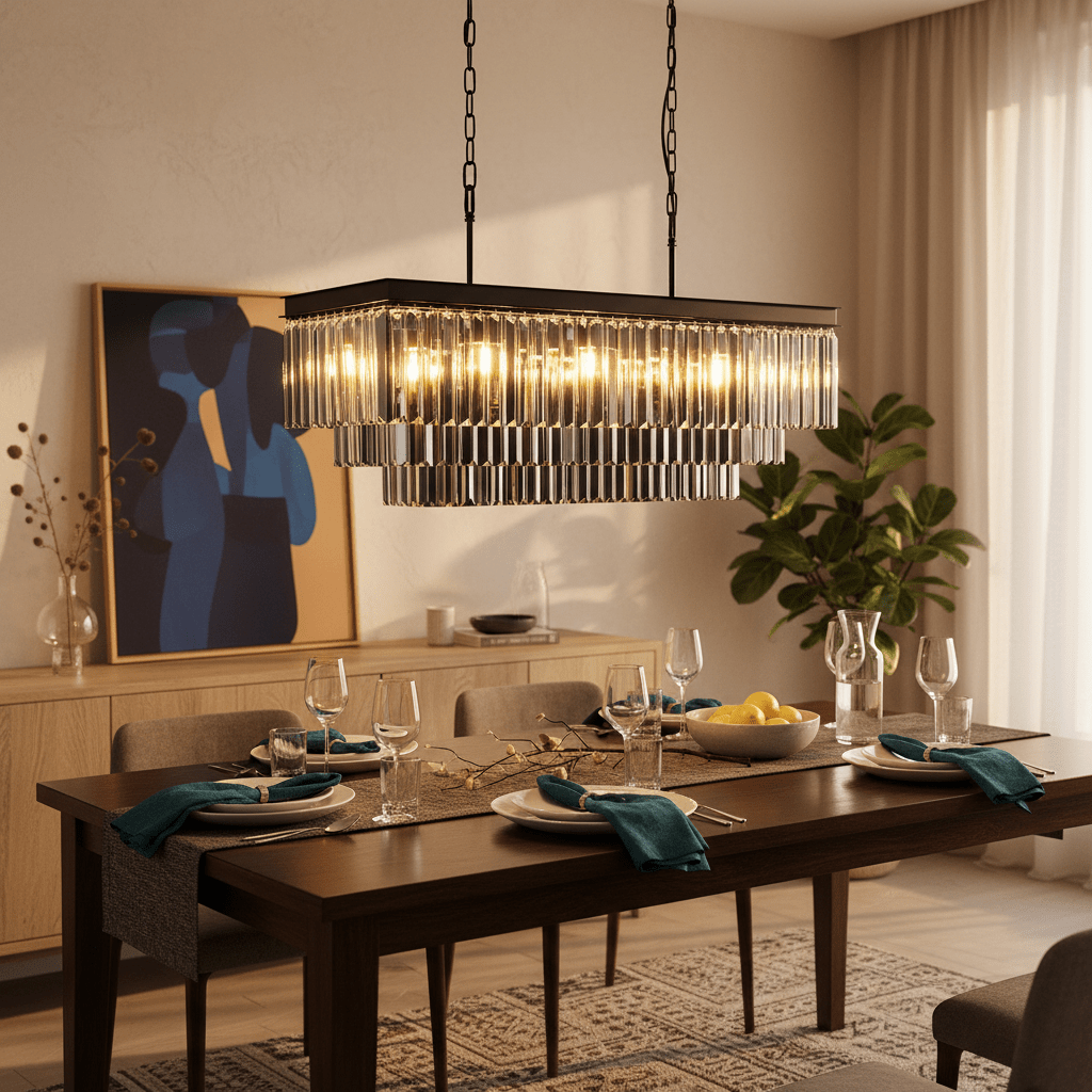 Smoke Crystal Rectangular Chandelier hanging above a beautifully set dining table with elegant decor.