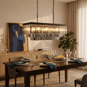 Smoke Crystal Rectangular Chandelier hanging above a beautifully set dining table with elegant decor.