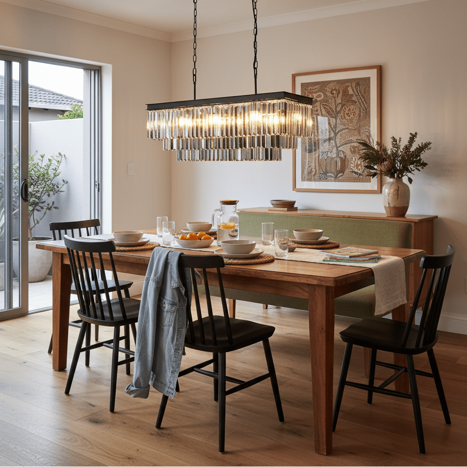 Smoke Crystal Rectangular Chandelier hanging above a wooden dining table set with plates and glasses.