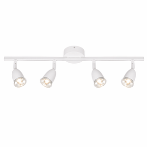 White ceiling light fixture with four spotlights on a white background