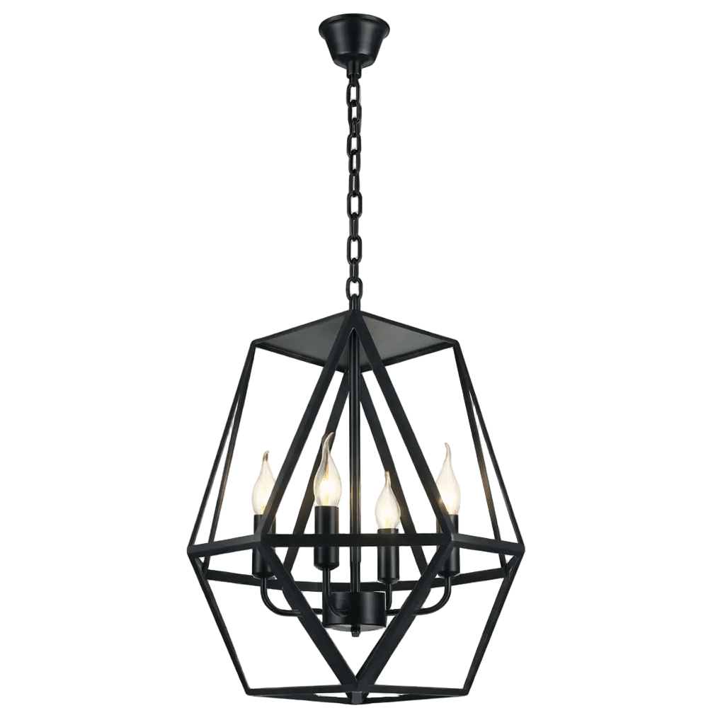 Black metal chandelier with a geometric design, featuring four candle-style bulbs and a chain for hanging.