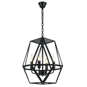 Black metal chandelier with a geometric design, featuring four candle-style bulbs and a chain for hanging.