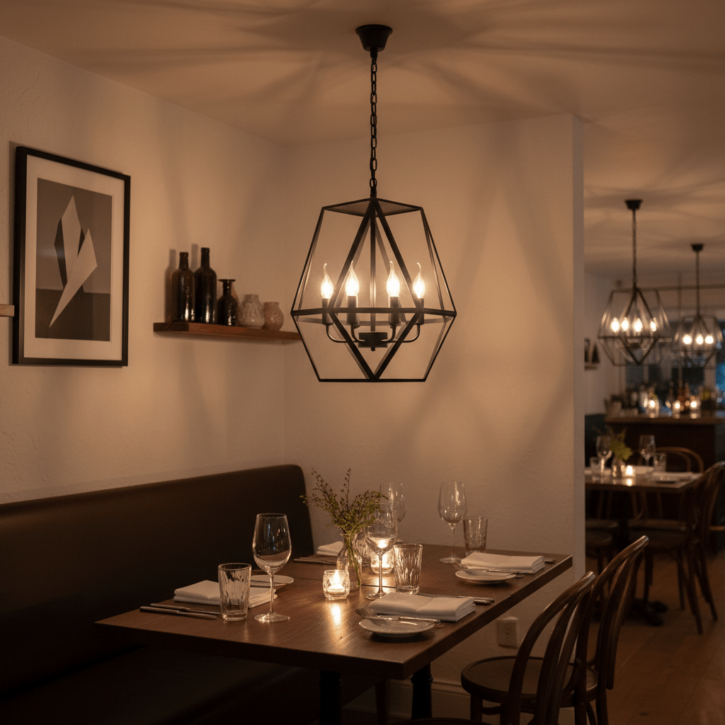 Elegant Maun 4 Light Chandelier hanging above a dining table, casting warm light in a cozy setting.