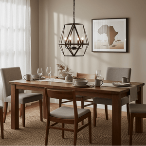 Elegant Maun 4 Light Chandelier hanging above a wooden dining table set with dishes and glasses.