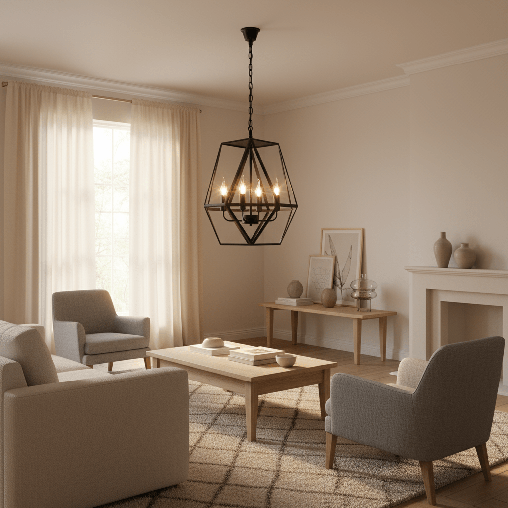 Stylish Maun 4 Light Chandelier hanging in a modern living room with soft lighting and elegant decor.