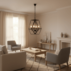 Stylish Maun 4 Light Chandelier hanging in a modern living room with soft lighting and elegant decor.