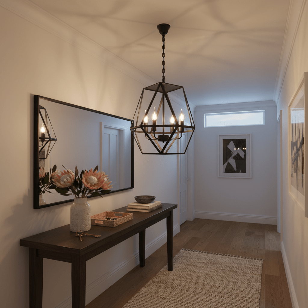 A stylish chandelier hangs above a wooden console table adorned with flowers and decor in a well-lit hallway.
