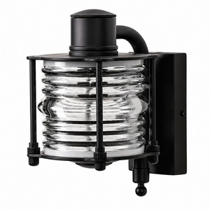 A black nautical lighthouse wall sconce with a clear ribbed glass shade, shown against a plain white background.