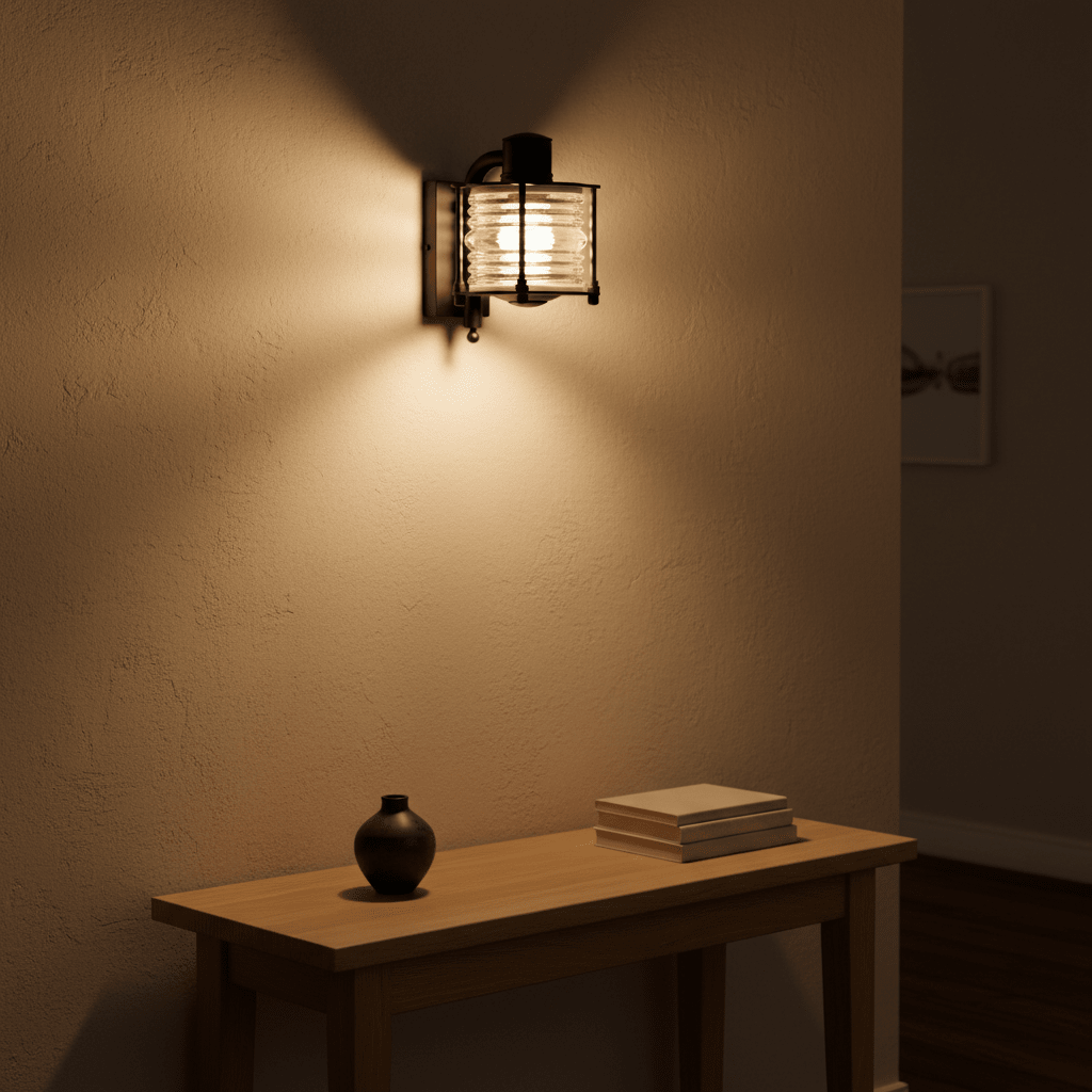Matt black Torbay wall lamp illuminating a textured wall above a wooden table with a vase and books.