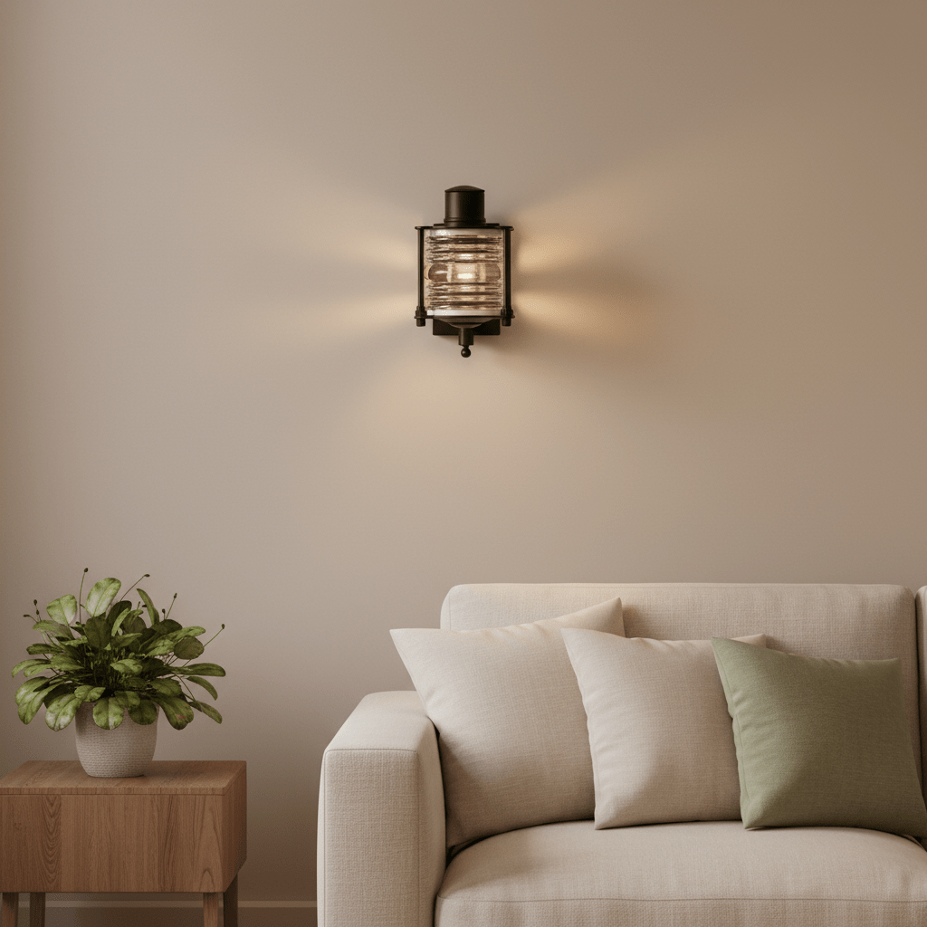 Matt black Torbay wall lamp with decorative glass, mounted above a light-colored sofa with cushions.