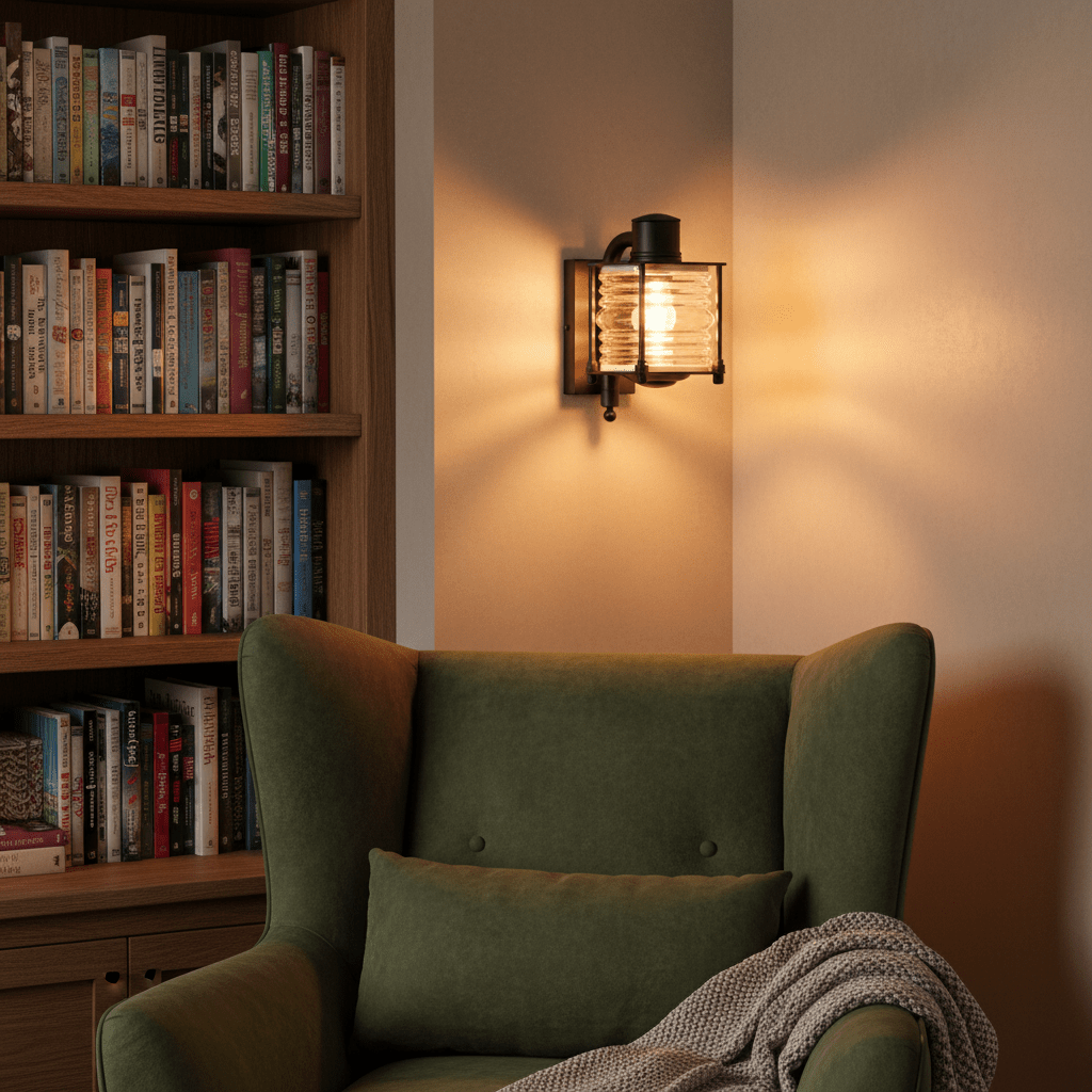 Matt black Torbay wall lamp illuminating a cozy reading nook with a green armchair and bookshelves.