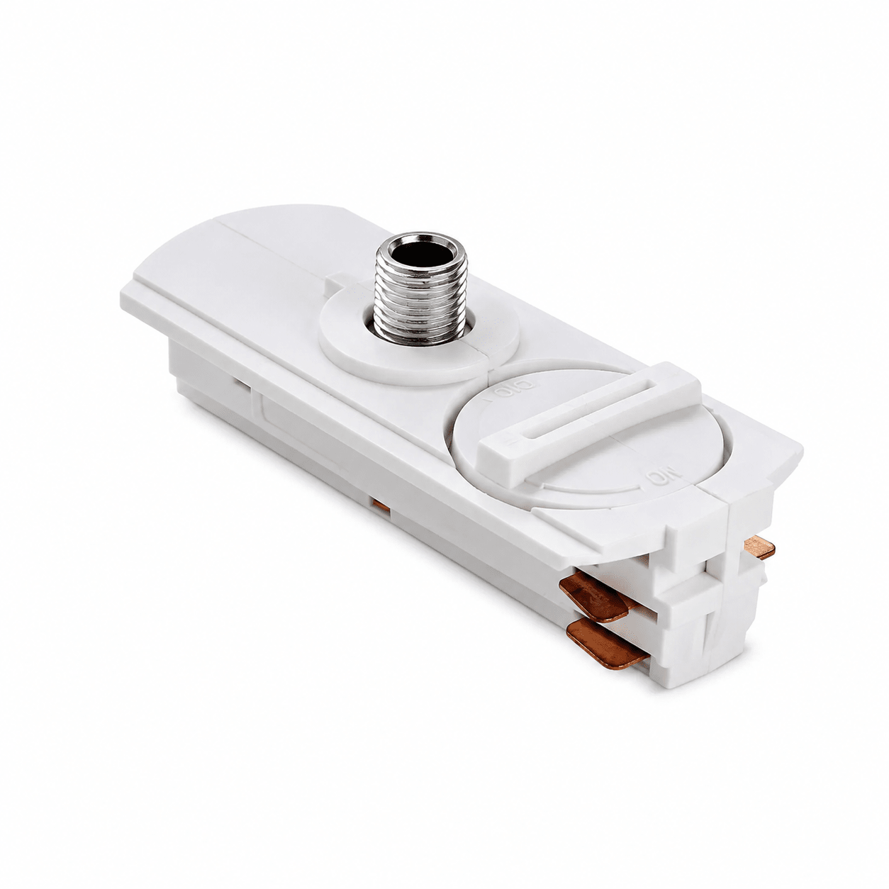 BAZUKA 3-Wire Pendant Track Adaptor in white, showcasing its durable metal design and connection features.