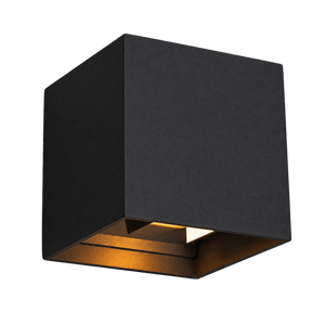 Black 6W adjustable-beam LED wall light with up and down light apertures, on a transparent background.
