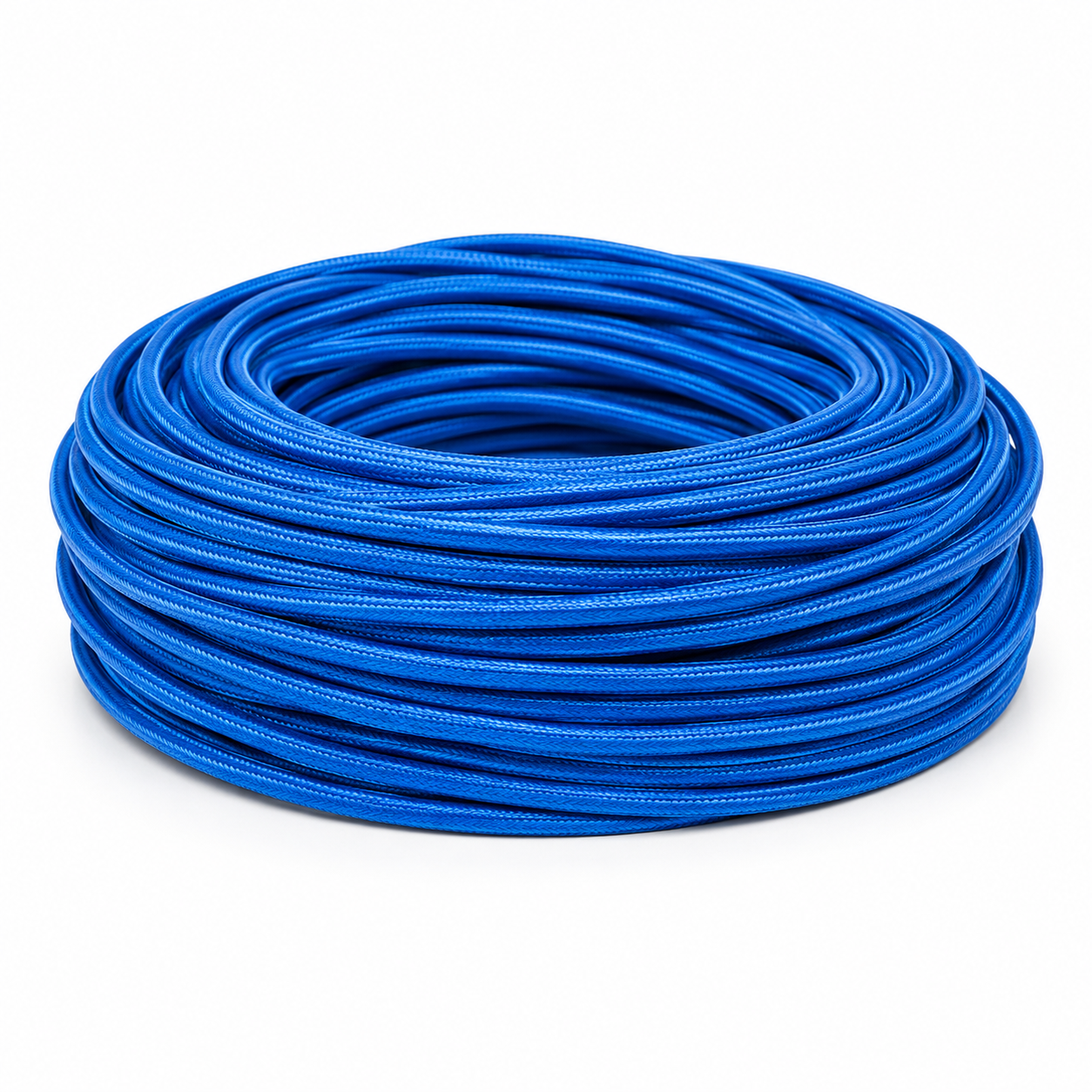 Coiled blue 2-core fabric cable, showcasing its neat and durable design for indoor wiring.