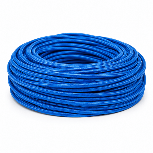 Coiled blue 2-core fabric cable, showcasing its neat and durable design for indoor wiring.