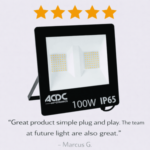 Black ACDC 100W IP65 floodlight with two LED panels and five review stars