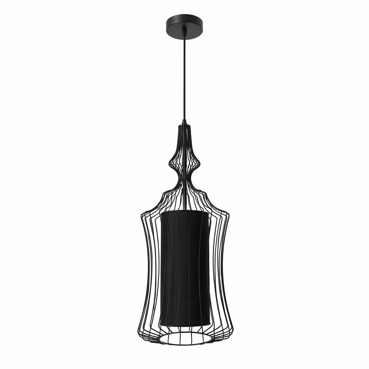Black pendant lamp with cage-like design on a white background