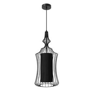 Black pendant lamp with cage-like design on a white background
