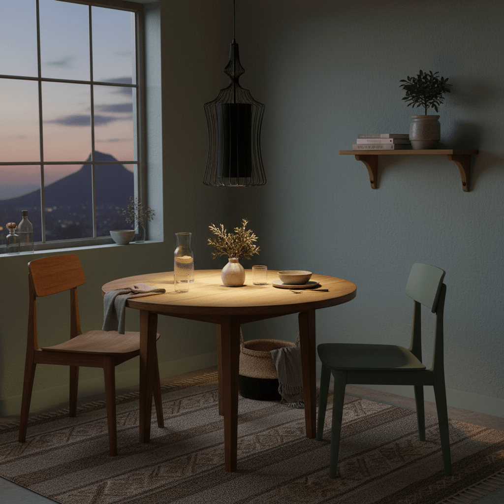 Tokyo 1 Black Wire Frame Pendant light hanging above a wooden dining table set for a meal.