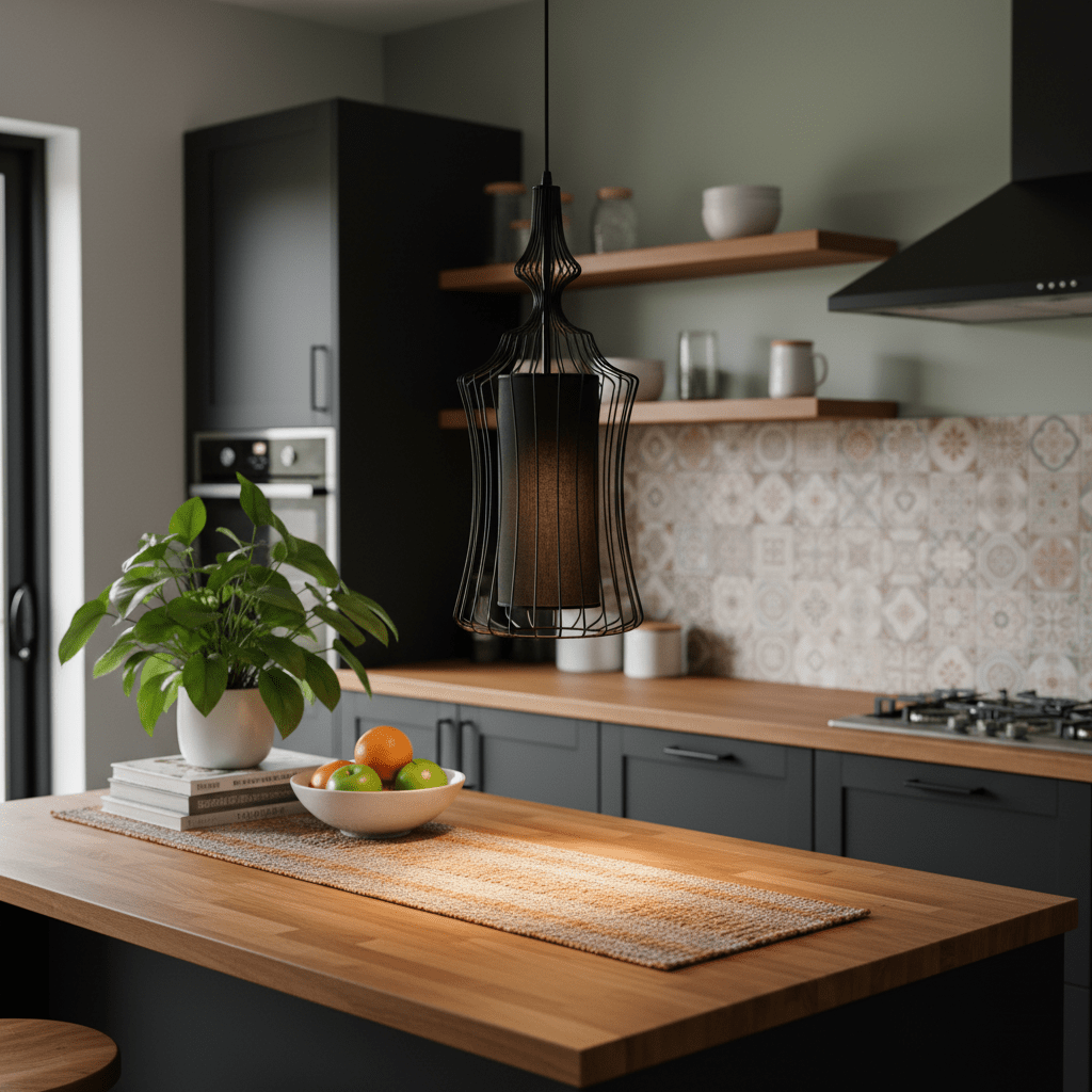 Tokyo 1 Black Wire Frame Pendant hanging over a wooden kitchen island with a fruit bowl and plant.