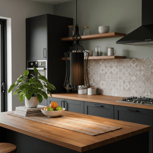 Tokyo 1 Black Wire Frame Pendant hanging over a wooden kitchen island with a fruit bowl and plant.
