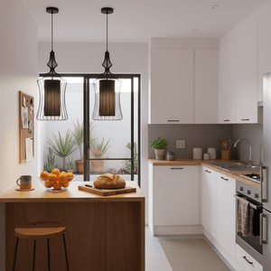 Black pendant lamp with cage-like design on a white background