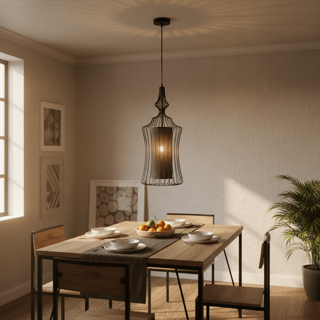 Tokyo 1 Black Wire Frame Pendant light hanging over a dining table set with plates and a fruit bowl.
