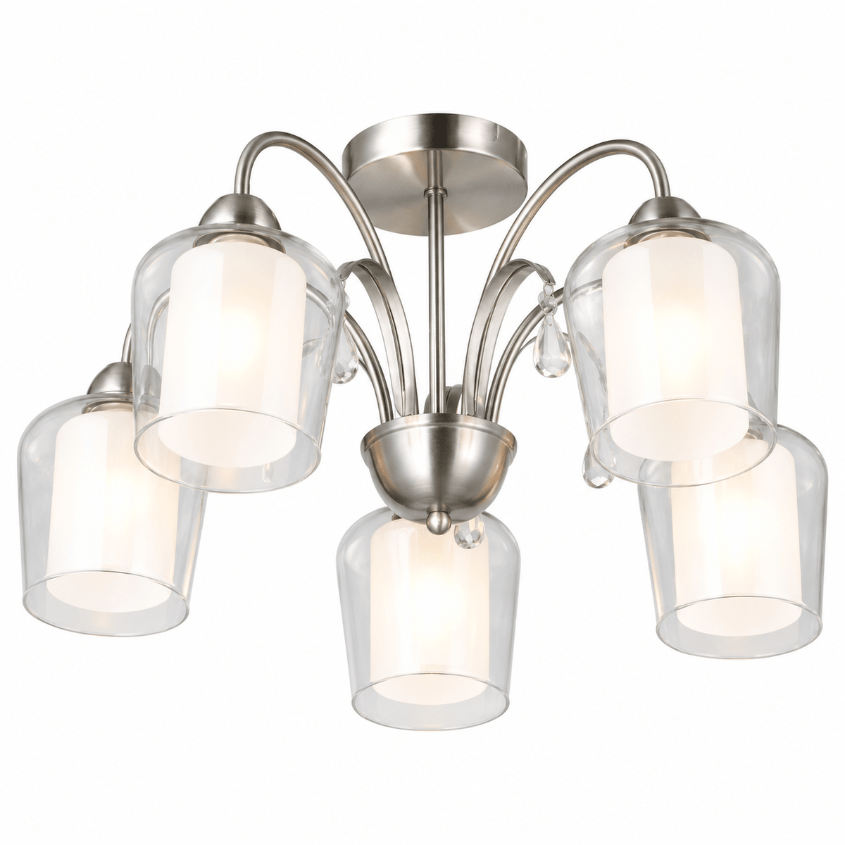 5 Light Satin Chrome Chandelier with Clear Outer Glass & Frosted Inner Glass