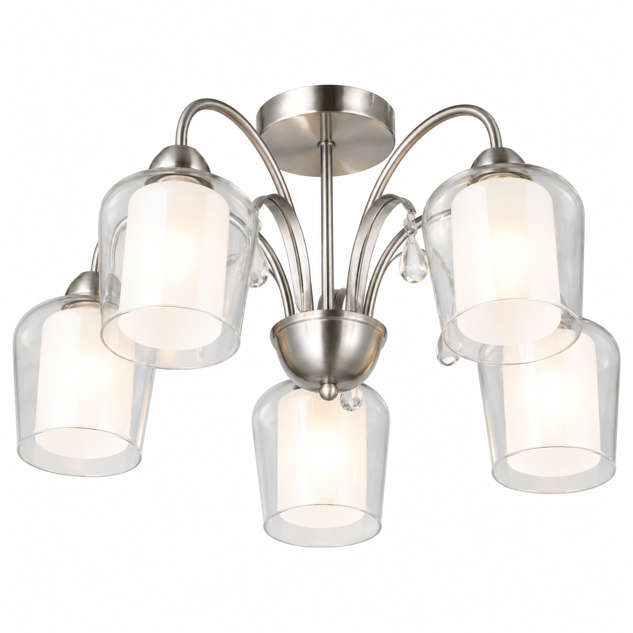 5 Light Satin Chrome Chandelier with Clear Outer Glass and Frosted Inner Glass
