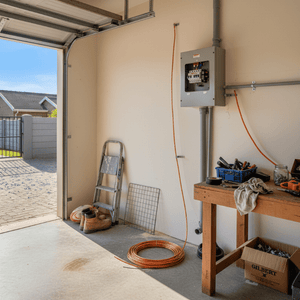 Garage interior with tools, a ladder, and electrical panel.