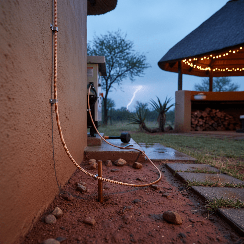 Copper cable running along a building exterior with a lightning strike in the background.