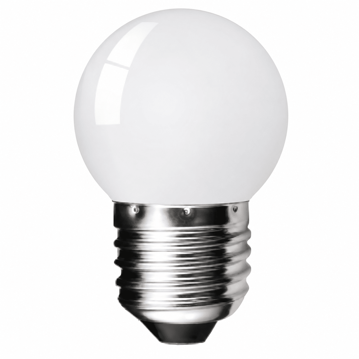 Close-up of a 1W LED golf ball bulb with a smooth white globe and E27 base.
