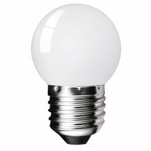 Close-up of a 1W LED golf ball bulb with a smooth white globe and E27 base.