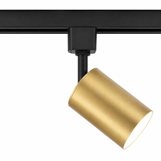 Gold anti-glare GU10 track spotlight mounted on a black track, angled for focused lighting.