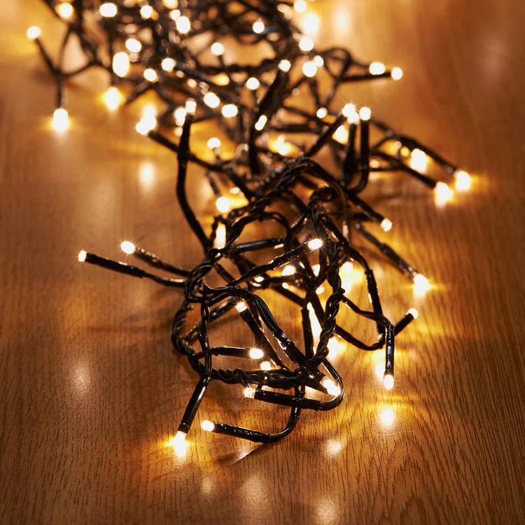 String of lights on a wooden surface